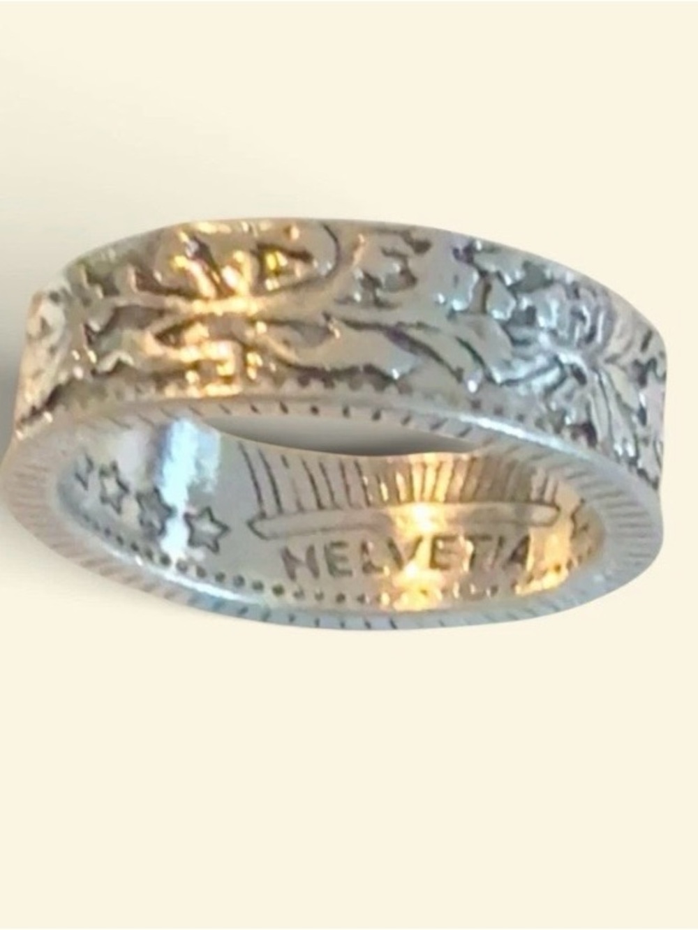 Swiss Engraved Silver Helvetia Coin Band Ring Size 8 Vintage